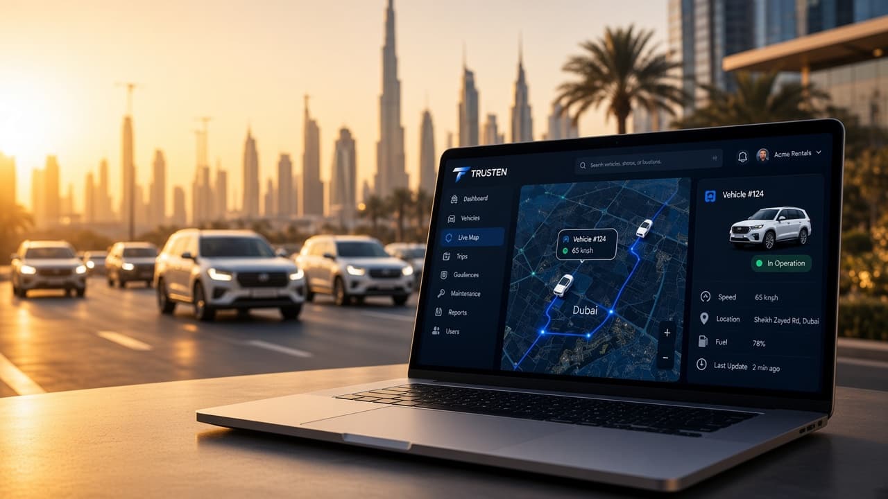 Trusten live map on laptop over Dubai highway